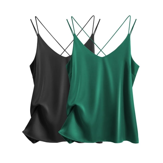 Ekouaer Womens 2-Pack Silk Satin Camisole Tank Top V Neck Sexy Cross Back Spaghetti Strap Cami Sleeveless Lounge Tops