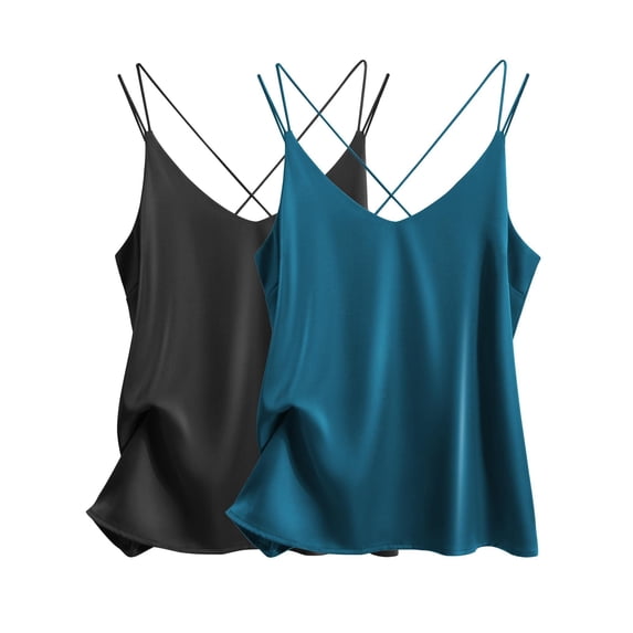 Ekouaer Womens 2-Pack Silk Satin Camisole Tank Top V Neck Sexy Cross Back Spaghetti Strap Cami Sleeveless Lounge Tops