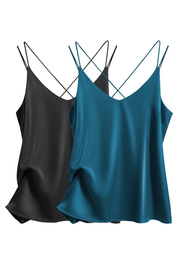 Womens 2-Pack Silk Satin Camisole Tank Top V Neck Sexy Cross Back Spaghetti Strap Cami Sleeveless Lounge Tops