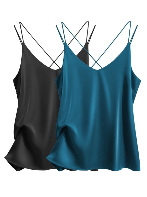Womens 2-Pack Silk Satin Camisole Tank Top V Neck Sexy Cross Back Spaghetti Strap Cami Sleeveless Lounge Tops