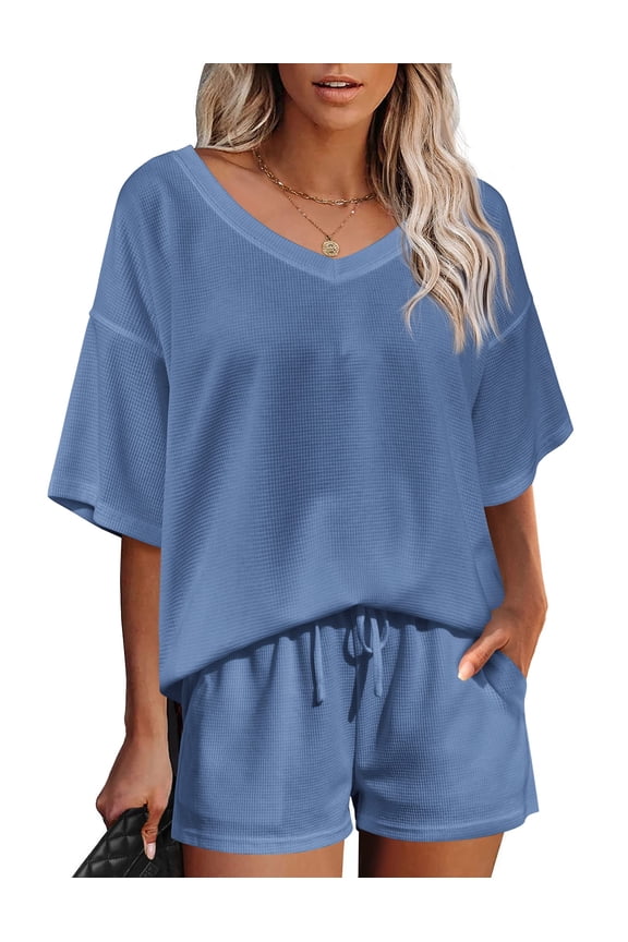 Womens 2 Piece Short Sleeve Waffle Knit V Neck Off Shoulder Casual Loose Fit Sweatsuit Outfits