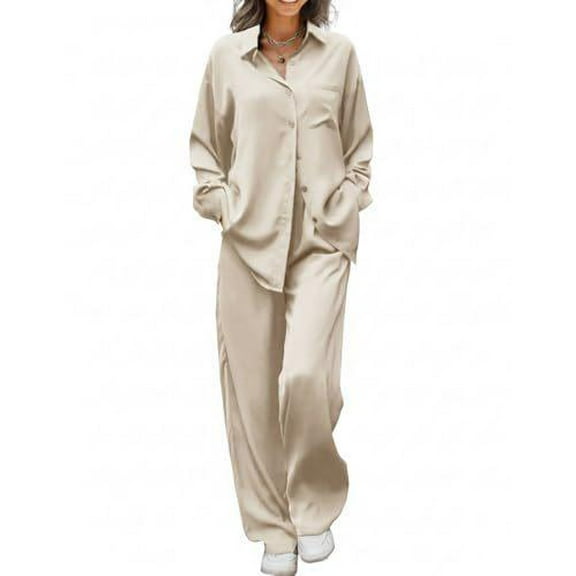 Ekouaer Womens 2 Piece Silk Satin Pajama Set Long Sleeve Lounge Sets Button Down Shirts and Pants PJs Soft Sleepwear Sets