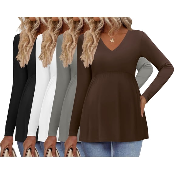 Ekouaer Womens 4 Packs Maternity Shirts Long Sleeve Pregnancy Tops V Neck Tunic Blouses Clothes