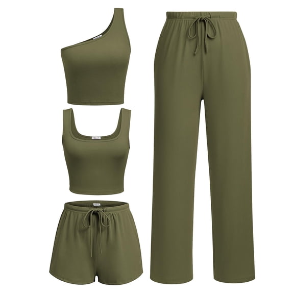 Ekouaer Womens 4 Piece Lounge Sets Ribbed Knit Crop Tank Top and Shorts Pants Casual Outfits