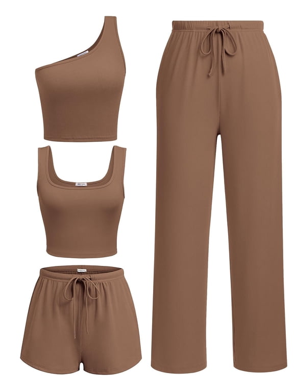 Womens 4 Piece Lounge Sets Ribbed Knit Crop Tank Top and Shorts Pants Casual Outfits