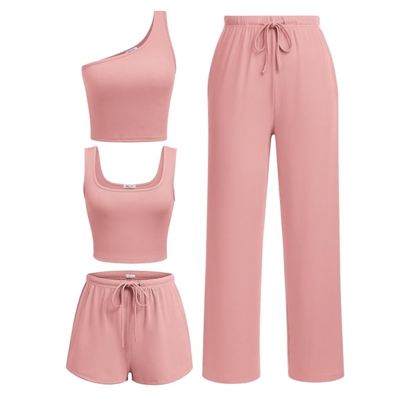 Ekouaer Womens 4 Piece Lounge Sets Ribbed Knit Crop Tank Top and Shorts Pants Casual Outfits