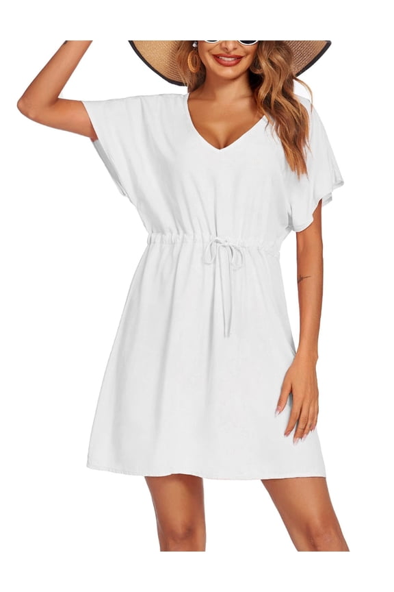 Women's Cover Up Short Sleeve Beachwear Coverups Loose V-Neck Bikini Beach Tunic Top