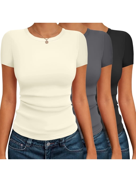 Short Sleeve Shirts for Women Basic Tees Slim Fit Crew Neck Tops Trendy Summer Black/Dark Gray/Beige