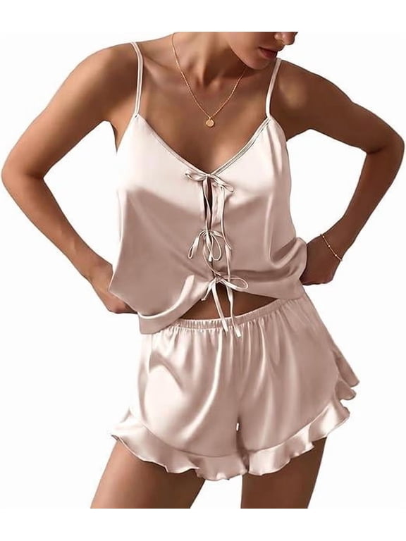 Womens Bow Tie Front Silk Pajamas Sets Satin Cami Lingerie Pjs 2 Piece Ruffle Sleepwear for Wedding Bridal Party