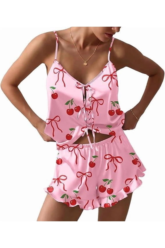 Womens Bow Tie Front Silk Pajamas Sets Satin Cami Lingerie Pjs 2 Piece Ruffle Sleepwear for Wedding Bridal Party