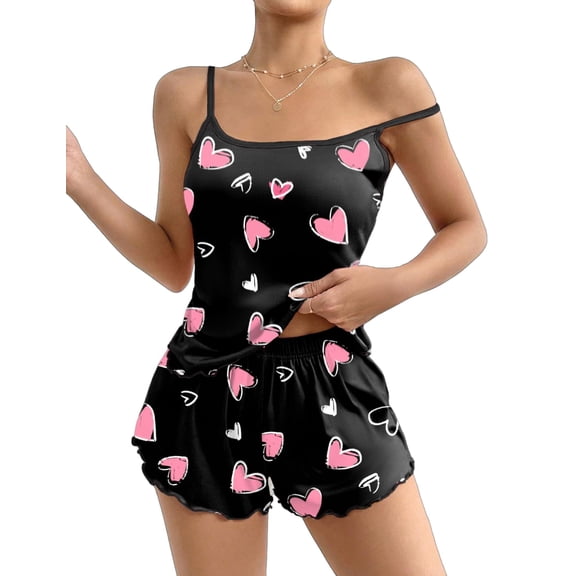 Ekouaer Womens Cami Pajama Sets 2 Piece Cute Print Pjs Soft Tank Top & Elastic Waist Shorts Camisole Lounge Set