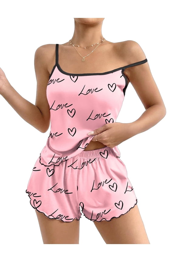 Womens Cami Pajama Sets 2 Piece Cute Print Pjs Soft Tank Top & Elastic Waist Shorts Camisole Lounge Set