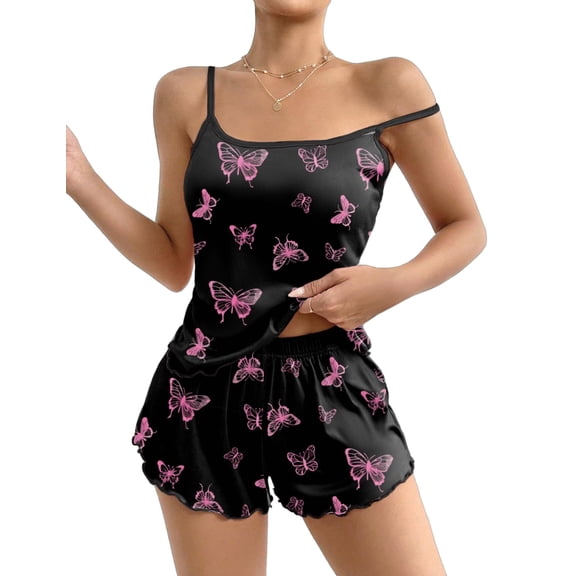 Ekouaer Womens Cami Pajama Sets 2 Piece Cute Print Pjs Soft Tank Top & Elastic Waist Shorts Camisole Lounge Set