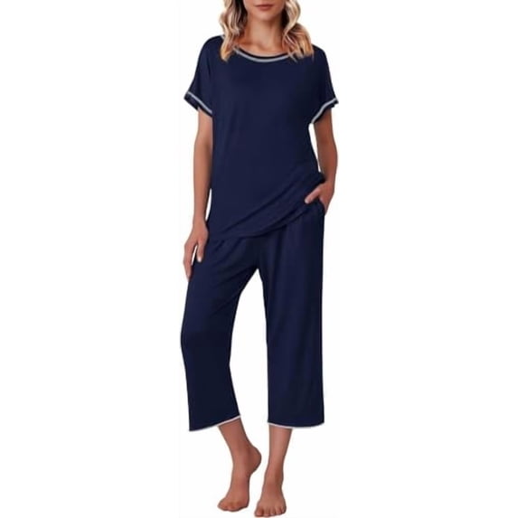 Ekouaer Womens Capri Pajama Sets Print Short Sleeve Sleepwear Top and Capri Pants Soft Loungewear with Pocket