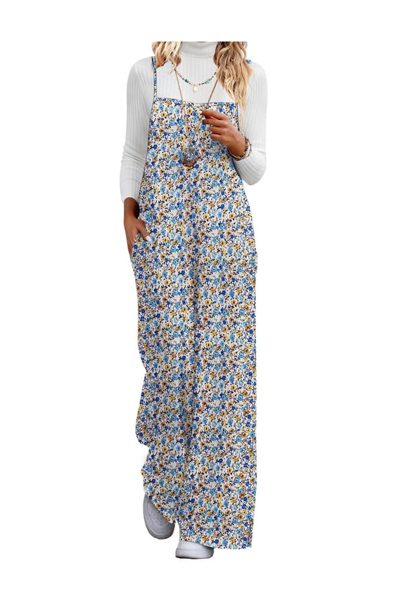Womens Causal Sleeveless Jumpsuits Summer Boho Wide Leg Floral Rompers Pink Overalls with Pockets