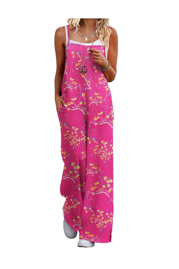 Womens Causal Sleeveless Jumpsuits Summer Boho Wide Leg Floral Rompers Pink Overalls with Pockets