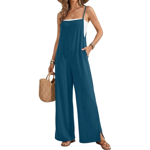 Ekouaer Womens Causal Sleeveless Jumpsuits Summer Boho Wide Leg Floral Rompers Pink Overalls with Pockets