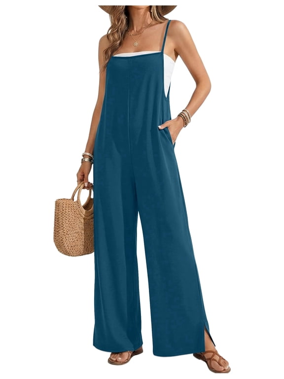 Womens Causal Sleeveless Jumpsuits Summer Boho Wide Leg Floral Rompers Pink Overalls with Pockets