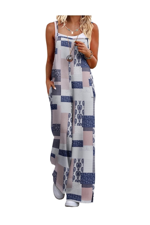Womens Causal Sleeveless Jumpsuits Summer Boho Wide Leg Floral Rompers Pink Overalls with Pockets
