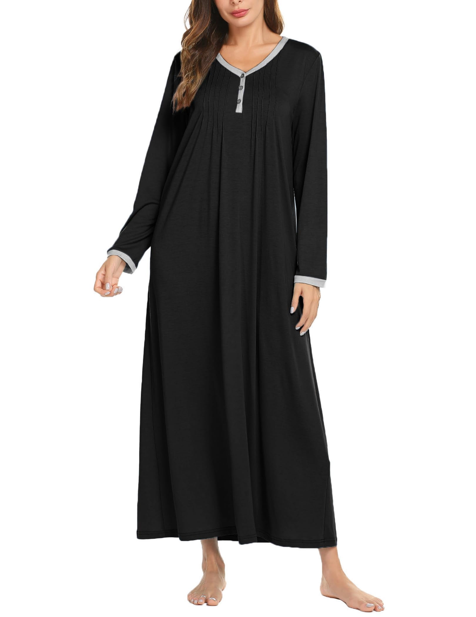 Ekouaer Womens Cotton Knit Long Sleeve Nightgown for Women, Henley Full ...