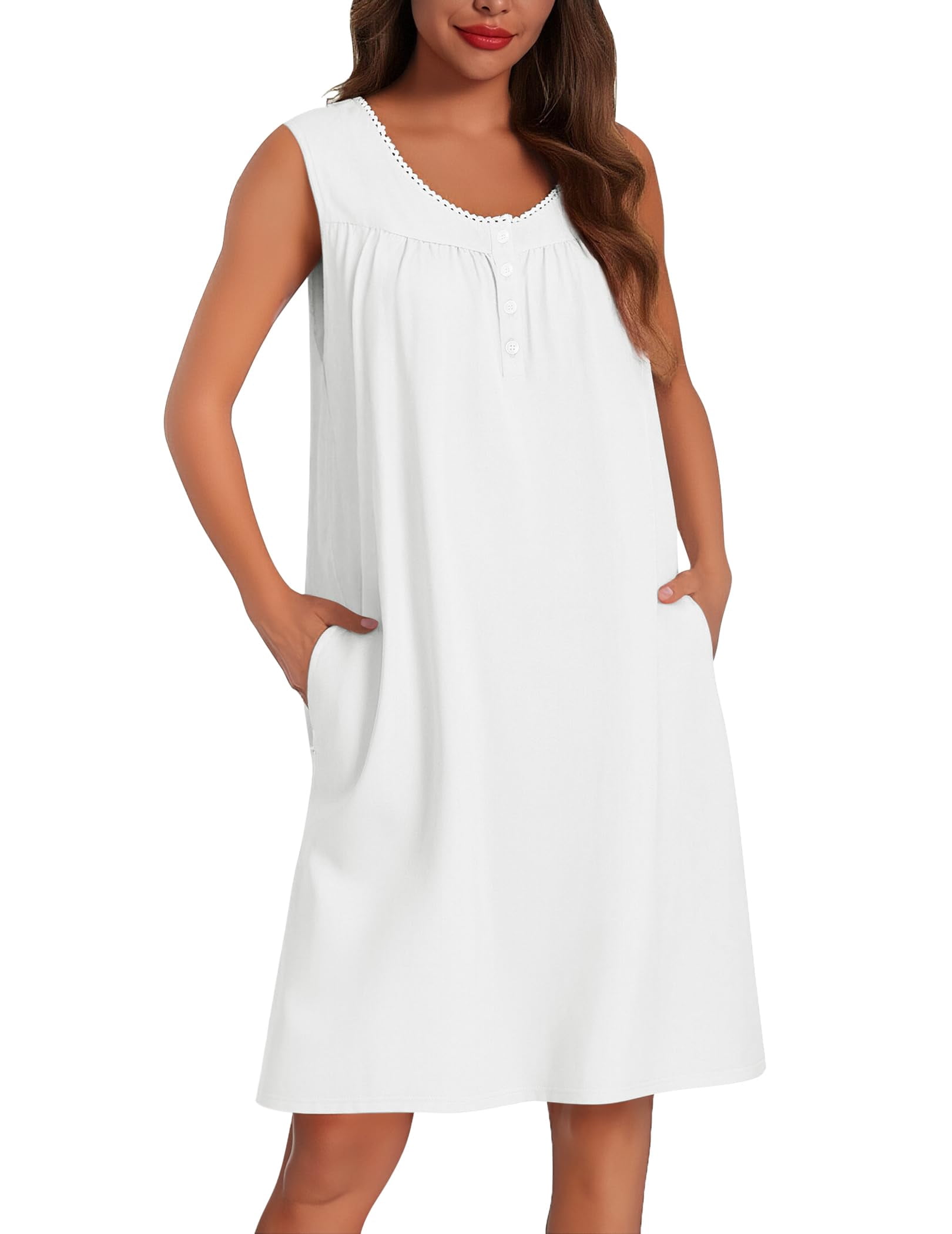Ekouaer Womens Cotton Nightgown Sleeveless Night Gown Cooling Nightshirts Organic  Cotton Dress with Pockets - Walmart.com