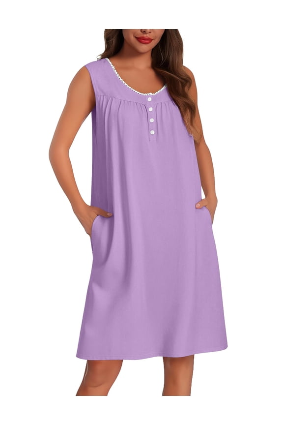Womens Cotton Nightgown Sleeveless Night Gown Cooling Nightshirts Organic Cotton Dress with Pockets