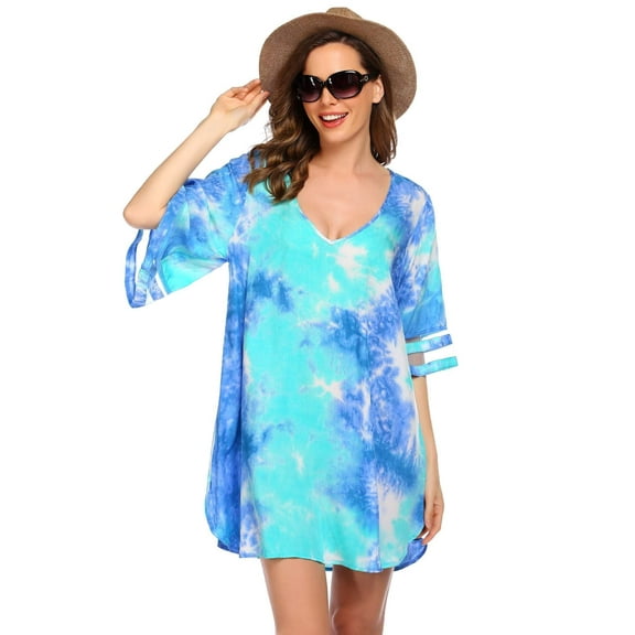 Ekouaer Coverups for Women Knee Length Swim Cover Up Dress 2025 Flowy Swimsuit Coverup Summer Hawaiian Beach Coverups Colored Leaves
