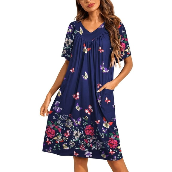 Ekouaer Womens House Dress Floral Print Nightgown with Pockets Mumu Dress