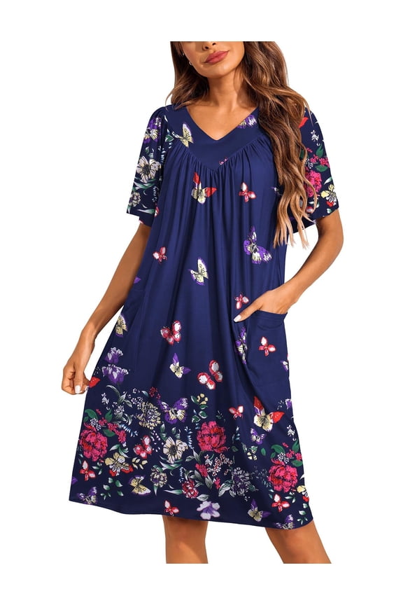 Womens House Dress Floral Print Nightgown with Pockets Mumu Dress
