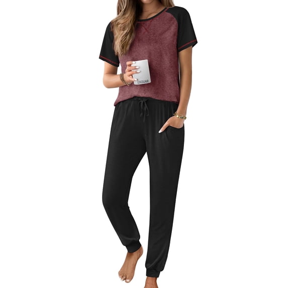 Ekouaer Womens Jogger Pajamas Sets 2 Piece Raglan Short Sleeve Pjs Lounge Set Soft Sleepwear with Pockets