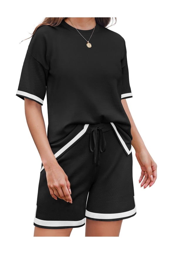 Womens Knit Lounge Set 2 Piece Sweater Sets Short Sleeve Pullover Tops Loungewear Black XXL