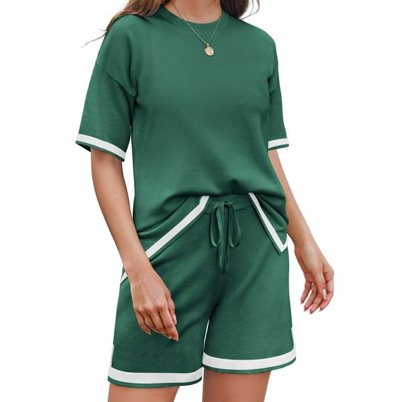 Ekouaer Womens Knit Lounge Set 2 Piece Sweater Sets Short Sleeve Pullover Tops Loungewear Evergreen L