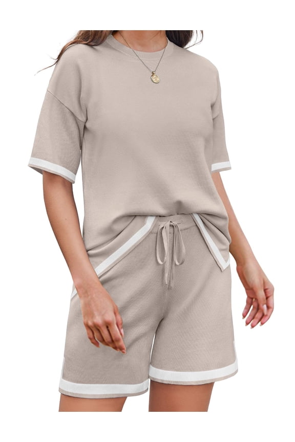 Womens Knit Lounge Set 2 Piece Sweater Sets Short Sleeve Pullover Tops Loungewear Khaki L