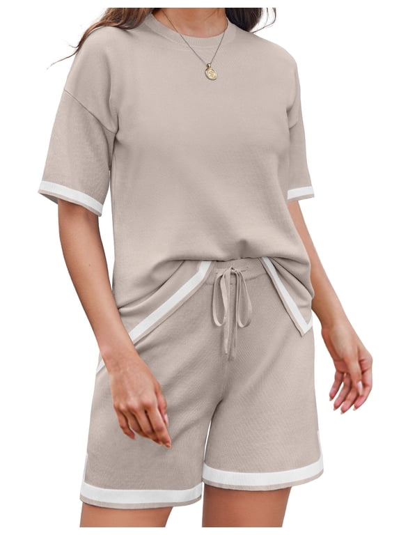 Womens Knit Lounge Set 2 Piece Sweater Sets Short Sleeve Pullover Tops Loungewear Khaki M