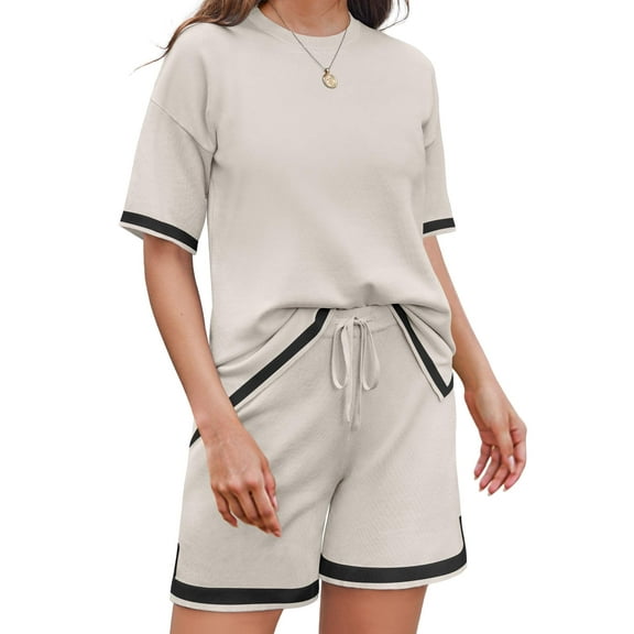 Ekouaer Womens Knit Lounge Set 2 Piece Sweater Sets Short Sleeve Pullover Tops Loungewear Moon Grey M