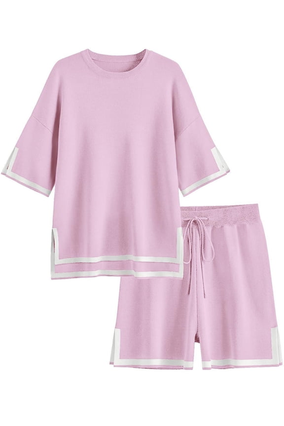 Womens Knit Lounge Set 2 Piece Sweater Sets Short Sleeve Pullover Tops Loungewear