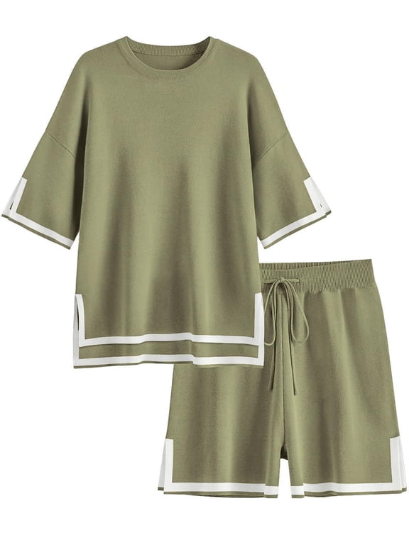 Womens Knit Lounge Set 2 Piece Sweater Sets Short Sleeve Pullover Tops Loungewear
