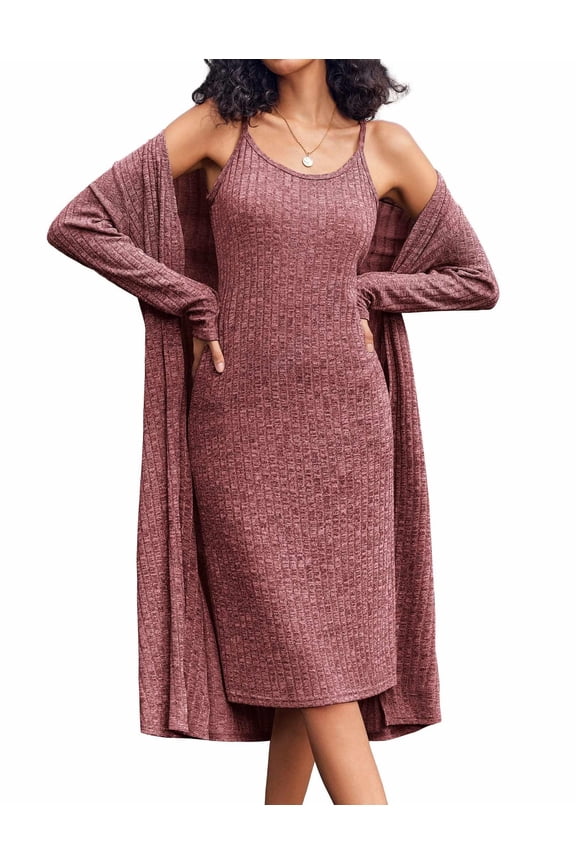 Womens Knit Robe Set 2 Piece Nightgown with Robes Long Sleeves Lounge Sets with Pockets