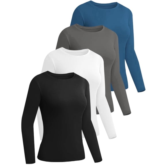Ekouaer Womens 3 Pack Long Sleeve Shirts Fitted Tops Base Layering Tight Thermal Undershirts Black/Beige/Brown M Black L