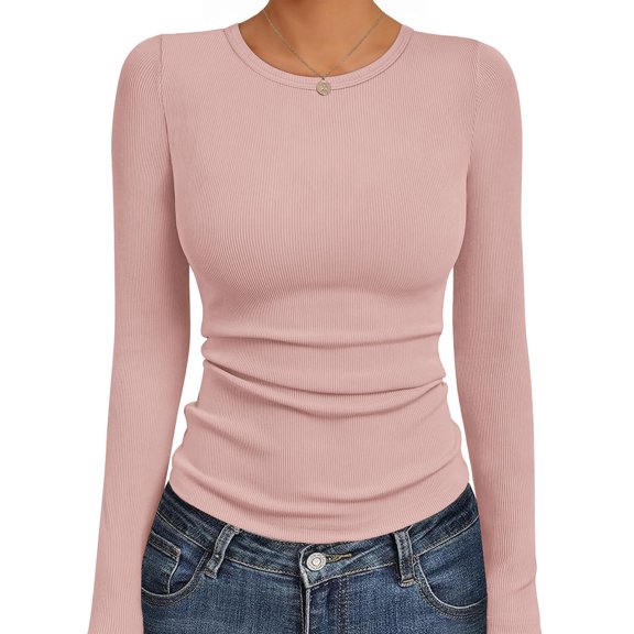 Ekouaer Womens Long Sleeve Shirts Square Neck Slim Fit Basic Tops Ribbed Thermal Undershirts Layering Tee