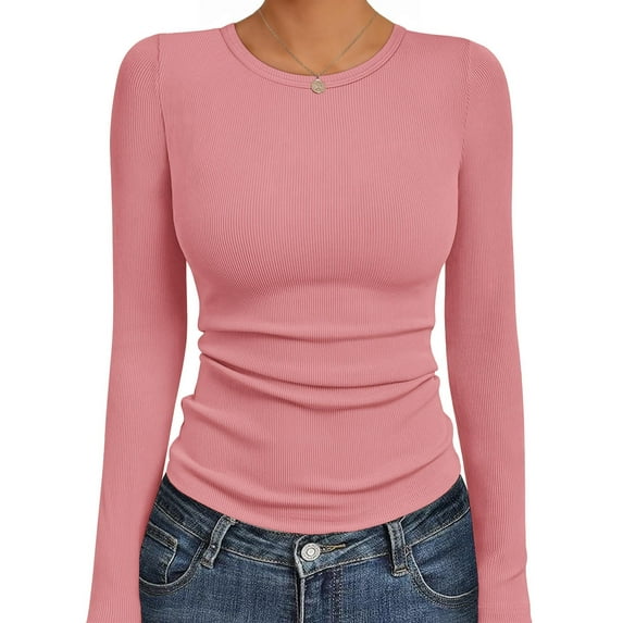 Ekouaer Womens Long Sleeve Shirts Square Neck Slim Fit Basic Tops Ribbed Thermal Undershirts Layering Tee