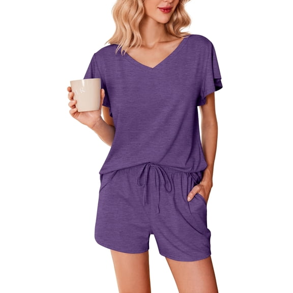 Ekouaer Womens Lounge Sets Comfy 2 Piece Sleepwear V Neck Cute Pajamas Shorts Set for Summer Pjs