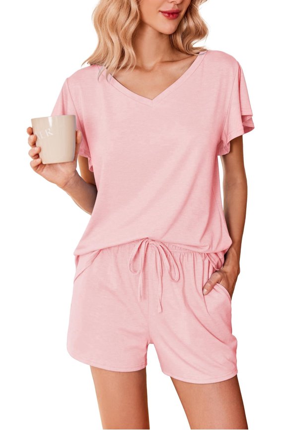 Womens Lounge Sets Comfy 2 Piece Sleepwear V Neck Cute Pajamas Shorts Set for Summer Pjs