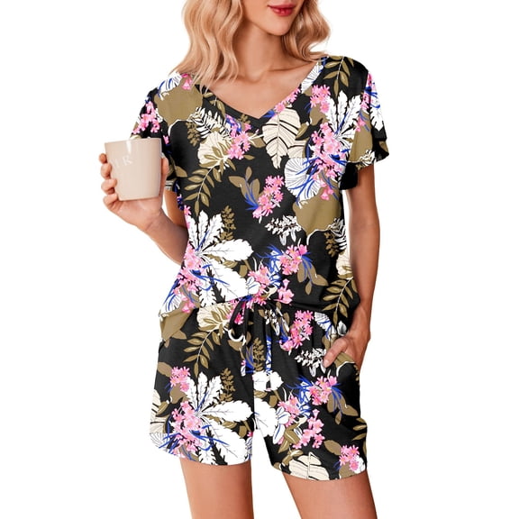 Ekouaer Womens Lounge Sets Comfy 2 Piece Sleepwear V Neck Cute Pajamas Shorts Set for Summer Pjs