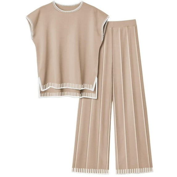 Ekouaer Womens Matching Sets Knit Sweater Sets 2 Pieces Outfits Pullover Tops Wide Legs Pants Lounge Set