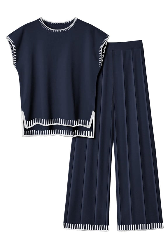 Womens Matching Sets Knit Sweater Sets 2 Pieces Outfits Pullover Tops Wide Legs Pants Lounge Set