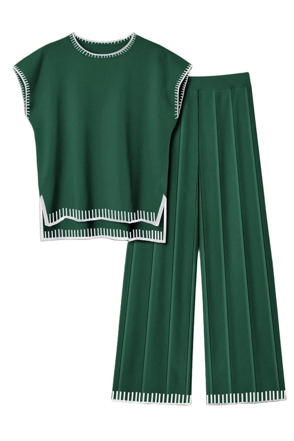 Womens Matching Sets Knit Sweater Sets 2 Pieces Outfits Pullover Tops Wide Legs Pants Lounge Set