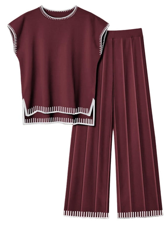 Womens Matching Sets Knit Sweater Sets 2 Pieces Outfits Pullover Tops Wide Legs Pants Lounge Set