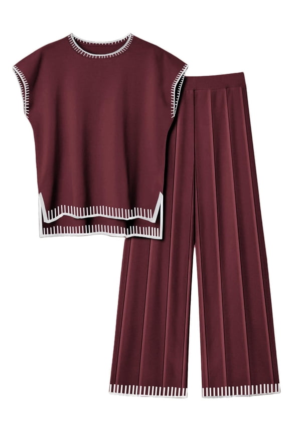 Womens Matching Sets Knit Sweater Sets 2 Pieces Outfits Pullover Tops Wide Legs Pants Lounge Set