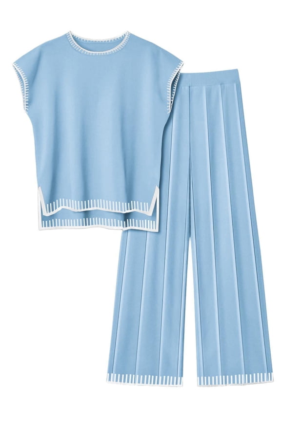 Womens Matching Sets Knit Sweater Sets 2 Pieces Outfits Pullover Tops Wide Legs Pants Lounge Set